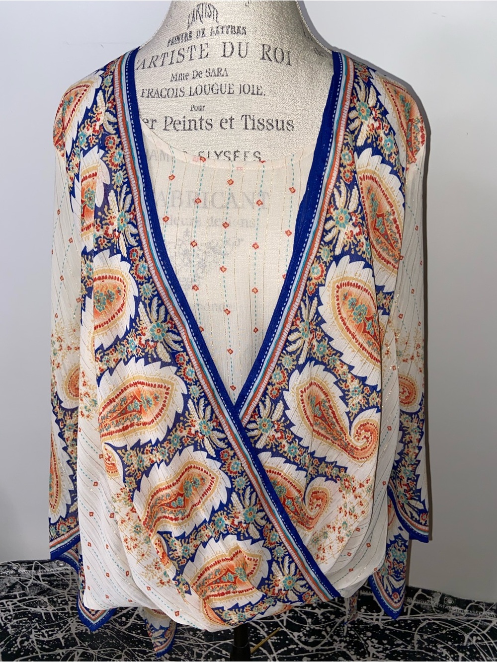 Chico's Cream and Blue Paisley Wrap Blouse
